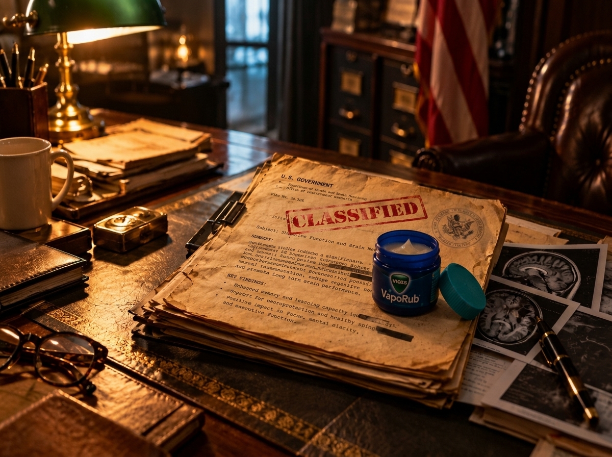 Jar of Vicks VapoRub on classified U.S. government documents with brain MRI scans